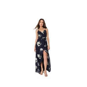 Lulus All Mine Navy‎ Blue Floral Print High Low Full Wrap Maxi Dress Sz L